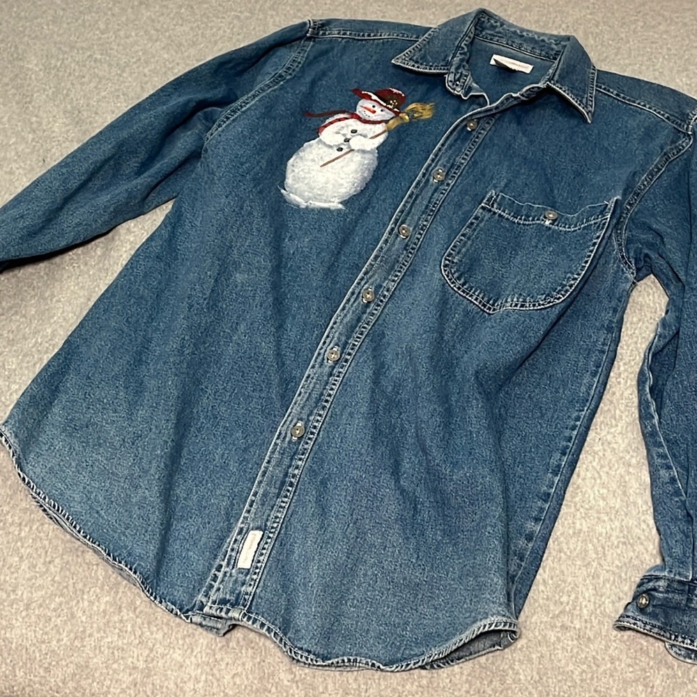 Y2K Denim Button Top Shirt Womens Medium Painted Snowman Boho Country Winter - Picture 9 of 10